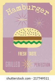 Hamburger vintage poster in flat design style / Hamburger poster with ENJOY IT, FRESH TASTE, GRILLED TO PERFECTION inscription / Typographic vector illustration