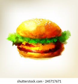 Hamburger. Watercolor illustration.