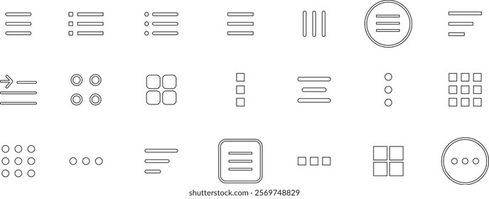 Hamburger web and mobile app menu icon set. Navigation bar with three horizontal bars, squares, dots and ellipsis. Template navigation, Icon, dropdown button web symbol. Vector illustration.