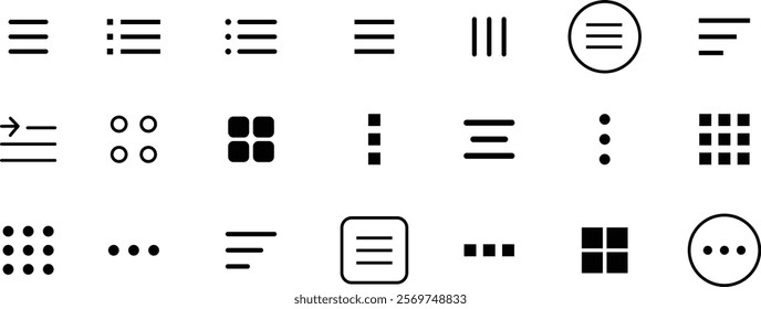 Hamburger web and mobile app menu icon set. Navigation bar with three horizontal bars, squares, dots and ellipsis. Template navigation, Icon, dropdown button web symbol. Vector illustration.