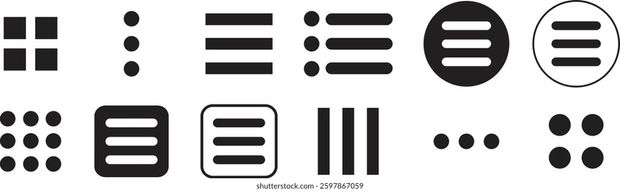 Hamburger web and mobile app menu flat icons set. Vectors buttons for website UI navigation. App menu for home or drop list and application drawer in mobile apps isolated on transparent background.