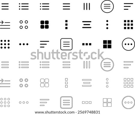 Hamburger web and mobile app menu icon set. Navigation bar with three horizontal bars, squares, dots and ellipsis. Template navigation, Icon, dropdown button web symbol. Vector illustration.