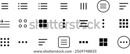 Hamburger web and mobile app menu icon set. Navigation bar with three horizontal bars, squares, dots and ellipsis. Template navigation, Icon, dropdown button web symbol. Vector illustration.