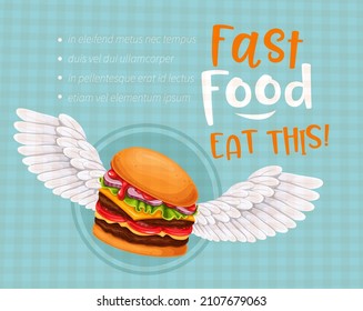 Hamburger and white wings. Cheeseburger, takeaway street food. Concept of flying fast food or delivery meal.