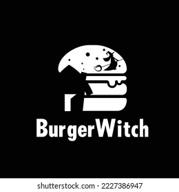 logotipo de hamburguesa y bruja, negro y blanco, ilustración vectorial