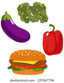 Hamburger,broccoli,pepper and eggplant EPS 10