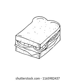 Hamburger,cheeseburger.Bread with cutlet,cheese,lettuce,tomato.Black and white  hand drawn vector illustration isolated on white background.American Street fast food.doodles or cartoon style. 

