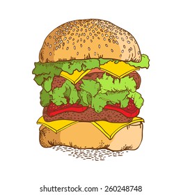 Hamburger.Hand drawn sketch and illustrations