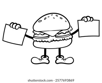 Hamburgers cartoon characters carrying signboard for Big sale. Best for outline, logo, sticker, and coloring book with streetfood themes