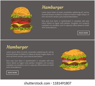 Hamburgers fast food posters set. American traditional dish made of ham, beef and vegetables. Salad leaves and fatty fried meat vector illustration