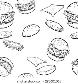 Hamburgers food pattern vector black and white line
