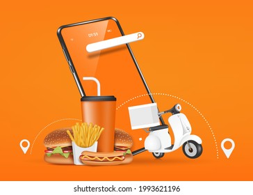 hamburgers, french fries, soft drink cans, hot dogs, next to the smartphone, and There's a motorcycle going forward for delivery and shopping online concept,vector 3d on orange background