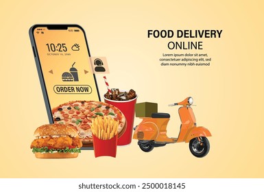 hamburgers, french fries, soft drink cans, hot dogs, cola app go menu and There's hut going forward for delivery buy drink shopping online 3d