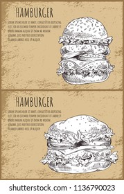 Hamburgers graphic art isolated on brown backdrop vector illustration of fast food, huge burgers with fatty meat cutlets salad leaves and vegetables