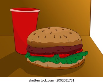 Hamburgers and mugs with space for text.