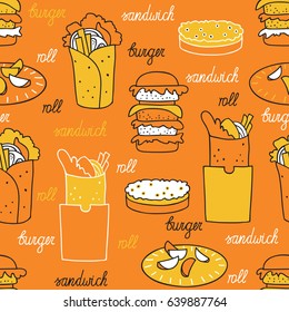 Hamburgers on an orange background. Seamless pattern with hamburger and rolls hand-drawn.