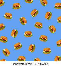 Hamburgers pattern on the blue background. Vector illustration