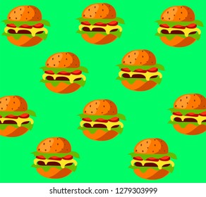 Hamburgers pattern on the green background. Vector illustration 