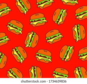 Hamburgers pattern on the red background. Vector illustration