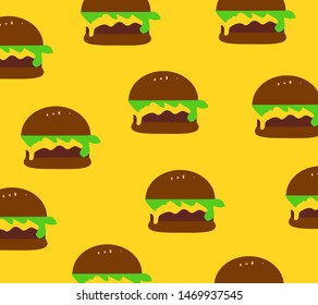 Hamburgers pattern on the yellow background. Vector illustration