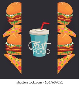 hamburgers and pizza portions with soda delicious fast food icon vector illustration design