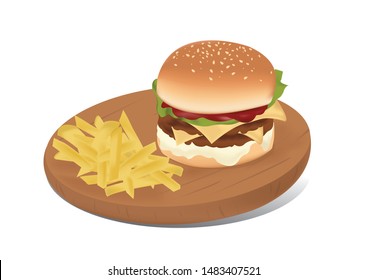 Hamburgers and potato chips on a wooden tray