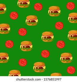 Hamburgers and salami pattern on the green background. Vector illustration