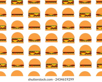 Hamburgers seamless pattern. Cheeseburgers and hamburgers in flat style. Cheeseburger with two cutlets. Bun with sesame seeds, cutlet, cheese and sauces. Design for wallpaper. Vector illustration