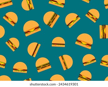 Hamburgers seamless pattern. Cheeseburgers and hamburgers in flat style. Cheeseburger with two cutlets. Bun with sesame seeds, cutlet, cheese and sauces. Design for wallpaper. Vector illustration