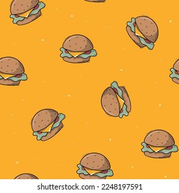 hamburgers seamless pattern with doodles on yellow background. Wallpaper, wrapping paper, scrapbooking, packaging, textile print design. EPS 10