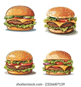 Hamburgers set isolated on white background. Vector illustration.