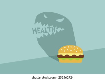 Hamburger's shadow is monster eating healthy word.