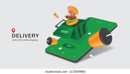 Hamburgers and soda cans floated into bags of food and all objects floating in mid-air above a smartphone with a green screen,vector 3d isolated on white background for delivery and online shopping 