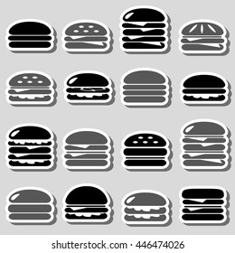 hamburgers types fast food black and gray stickers eps10