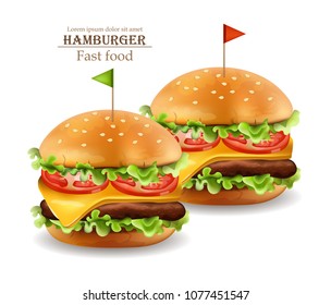Hamburgers Vector realistic. Cheese and tomatoes. 3d Detailed illustrations
