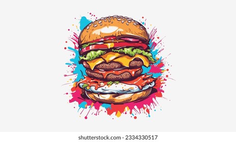 Hamburguer with delicious meat, cute, action shot, vibrant color, punk, high detail, white background