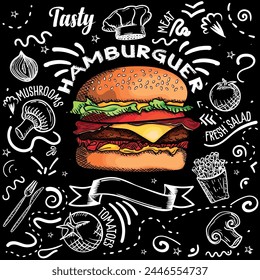 Hamburguer template vector illustration Realistic burger on blackboard background