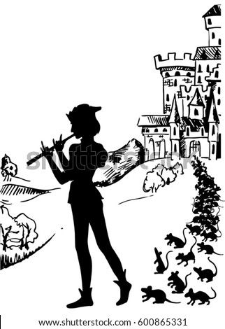 The Hamelin Pied Piper. A man plays a pipe and takes the rats out of town. Legend of the Hamelin Pied Piper. An ink drawing.