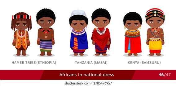 Hamer Tribe, Ethiopia, Tanzania, Masai, Kenya, Samburu. Men and women in national dress. Set of african people wearing ethnic traditional costume. Isolated cartoon characters.