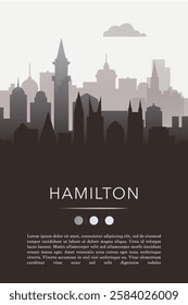 Hamilton city template for website, presentation, front page, invitation, publication sheet with skyline, landmarks. Vector Canada Ontario image layout, simple and grayscale