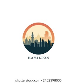 Hamilton cityscape, gradient vector badge, flat skyline logo, icon. Canada, Ontario province city round emblem idea with landmarks and building silhouettes. Isolated graphic
