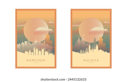 Hamilton and Halifax city poster pack with skylines, cityscapes vector illustration. Canada travel set, brochure, flyer, leaflet, business presentation templates 