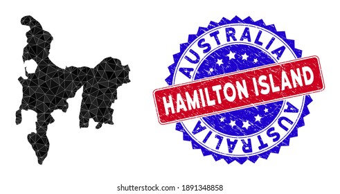 Hamilton Island map polygonal mesh with filled triangles, and rubber bicolor rubber seal. Triangle mosaic Hamilton Island map with mesh vector model, triangles have different sizes, and positions,