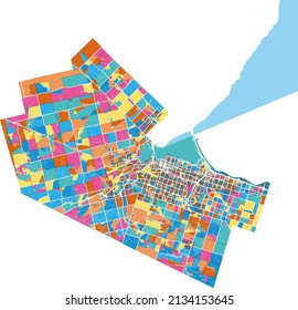 Hamilton, Ontario, Canada colorful high resolution vector art map with city boundaries. White outlines for main roads. Many details. Blue shapes for water. 