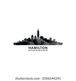 Hamilton panorama, vector badge, skyline logo and icon. Canada,  Ontario province city horizon logotype with landmarks and building silhouettes. Isolated foggy abstract gradient graphic