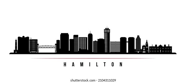 Hamilton skyline horizontal banner. Black and white silhouette of Hamilton, Canada. Vector template for your design. 