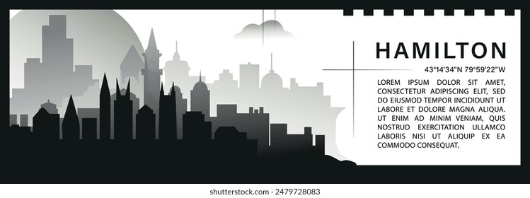 Hamilton skyline vector banner, black and white minimalistic cityscape silhouette. Canada Ontario province city horizontal graphic, travel infographic, monochrome layout for website
