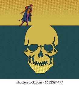 Hamlet And The Skull. Man Next To A Deep Pit Silhouette. Pop Art Retro Vector Illustration 50s 60s Style