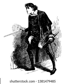 Hamlet, this scene shows a young boy holding sword in right hand and fire torch in left hand and walking, vintage line drawing or engraving illustration