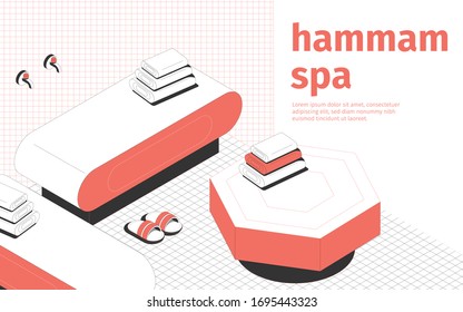 Hammam Spa And Massage Room Interior Slippers And Towels 3d Isometric Vector Illustration